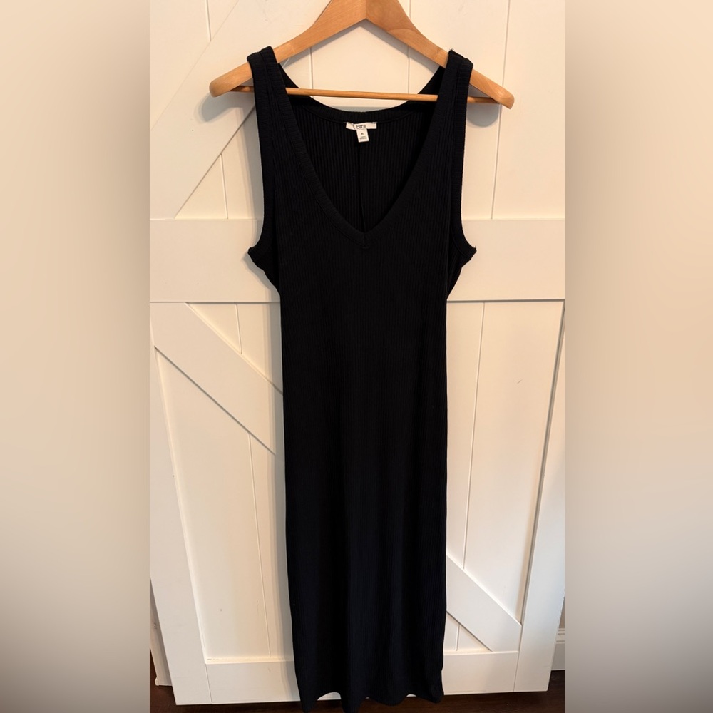 Bar III Black V-Neck Midi Maxi Tie Front Tank Ribbed Dress Flattering XL